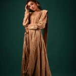Golden Cascade - Draped Maxi Dress with Flowing Sleeves
