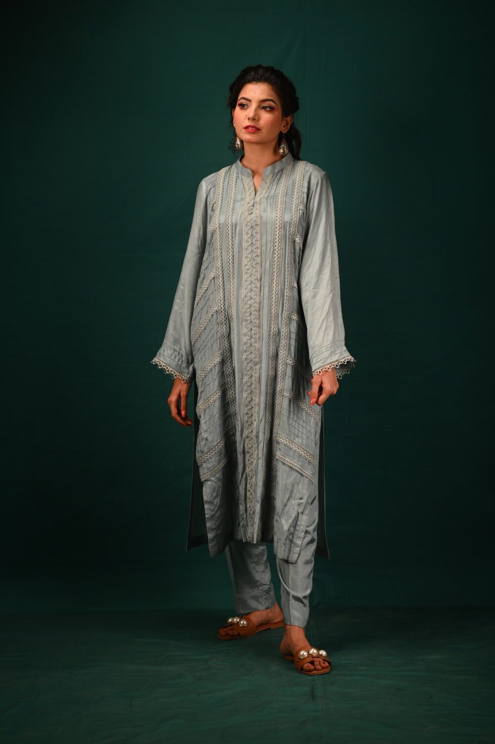 Ethereal Grey - Embroidered Kurta and Shalwar Set - Image 3
