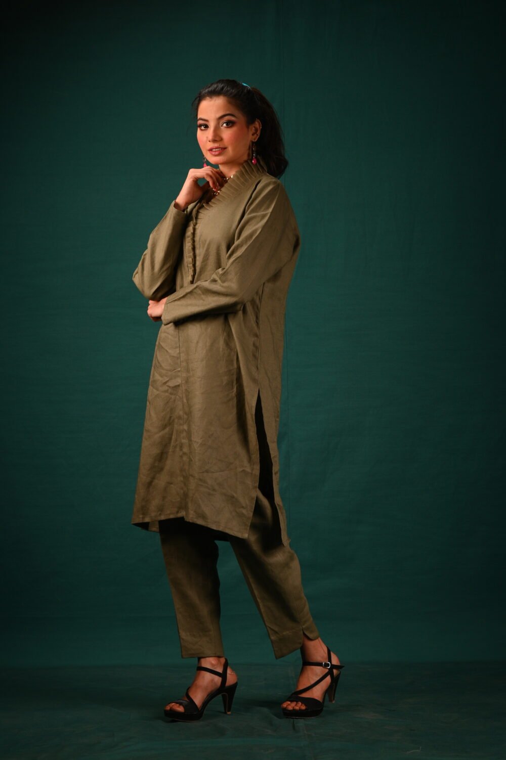 Olive Serenity- Textured Kurta and Trouser Set - Image 4