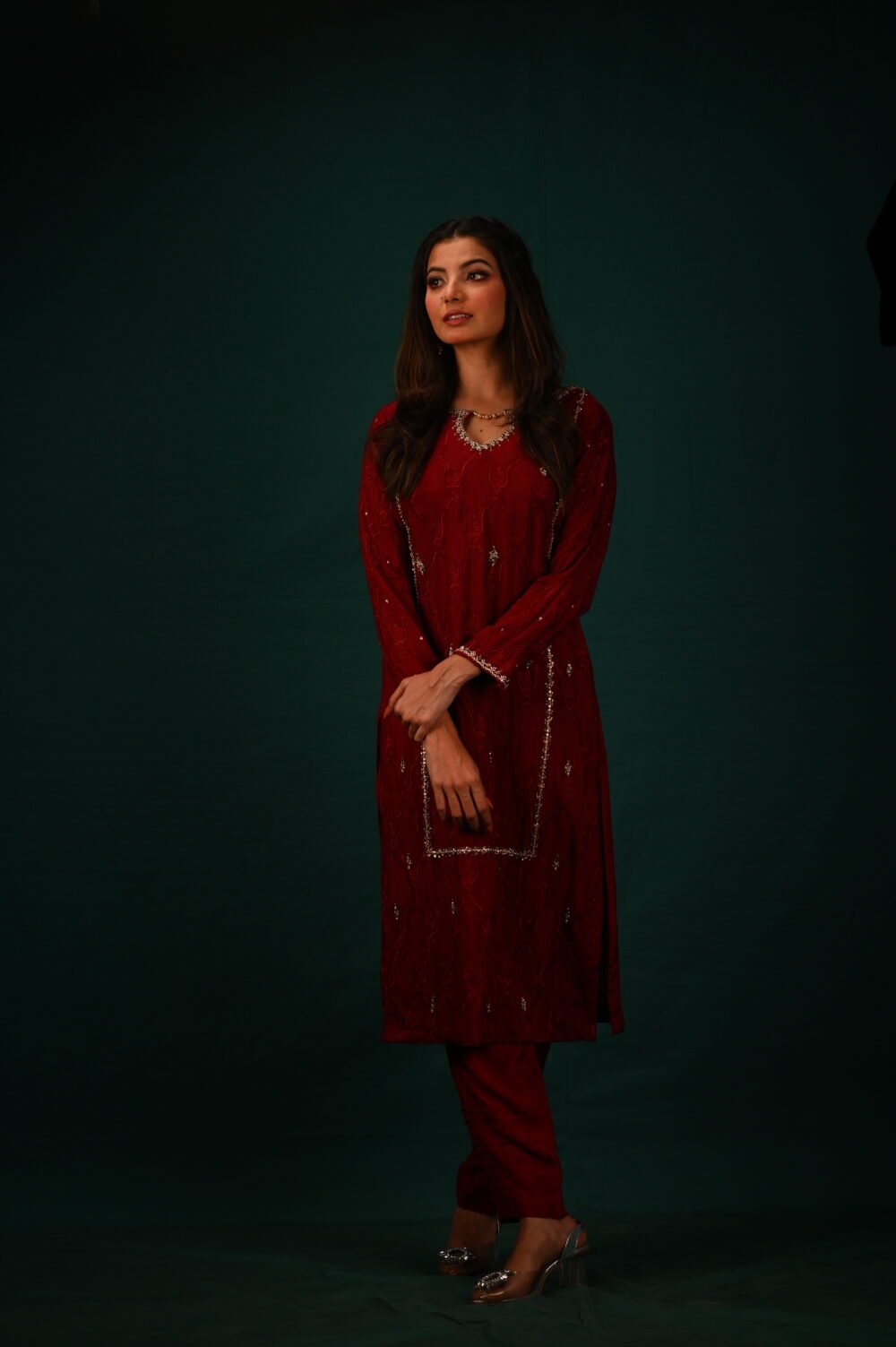 Ruby Radiance - Embellished Kurta and Trouser Set - Image 4
