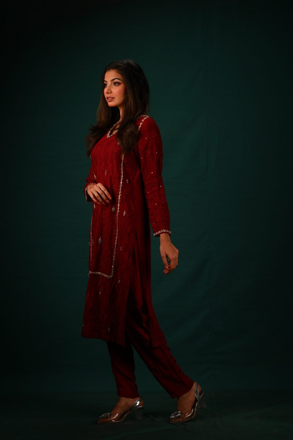 Ruby Radiance - Embellished Kurta and Trouser Set - Image 5