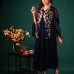 Midnight Elegance – Embroidered Cape Top and Skirt Set