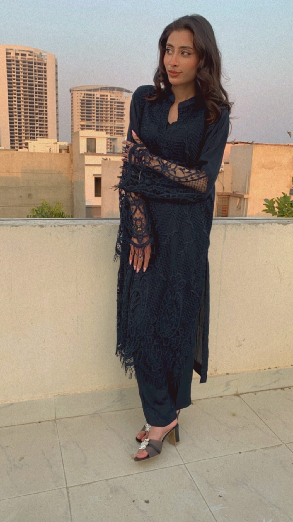 Midnight Bloom - Embroidered Lace Kurta and Trouser Set - Image 3