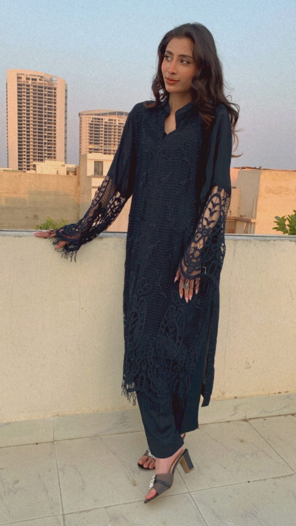 Midnight Bloom - Embroidered Lace Kurta and Trouser Set - Image 4